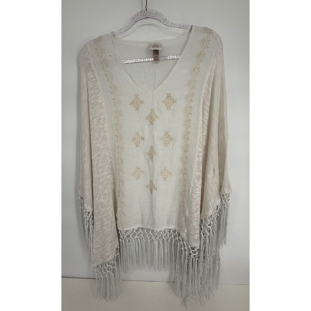 Knox Rose Womens White Embroidered Fringe Poncho Top Boho Macrame V-Neck Sz L/XL
